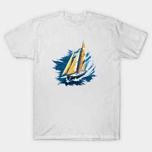 Racing sailing boat sailing on the sea, with blue and yellow ochre tones T-Shirt